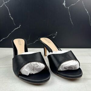 WSKEISP Women’s Peep Toe Slip On Mule Sandal Black Satin sz 9.5